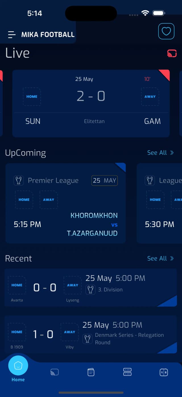 Football app main screen